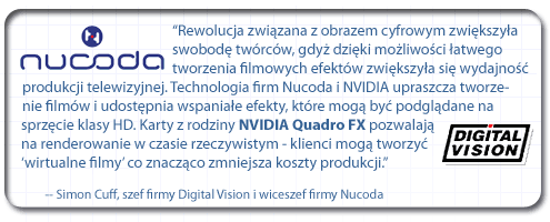 “Rewolucja związana z obrazem cyfrowym zwiększyła swobodę twórców, gdyż dzięki możliwości łatwego tworzenia filmowych efektów zwiększyła się wydajność produkcji telewizyjnej. Technologia firm Nucoda i NVIDIA upraszcza tworzenie filmów i udostępnia wspaniałe efekty, które mogą być podglądane na sprzęcie klasy HD. Karty z rodziny NVIDIA Quadro FX pozwalają na renderowanie w czasie rzeczywistym – klienci mogą tworzyć „wirtualne filmy”, co znacząco zmniejsza koszty produkcji”. - Simon Cuff, szef firmy Digital Vision i wiceszef firmy Nucoda