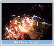 Zoic used NVIDIA Quadro graphics to blend foreground action (person flying away from the explosion) with background action (explosion and spaceship) in Battlestar.